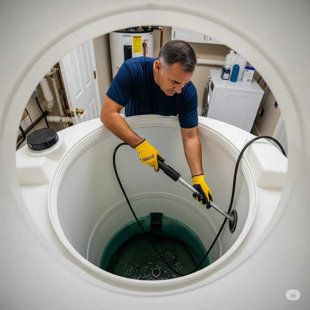 Technician cleaning the inside of a water tank