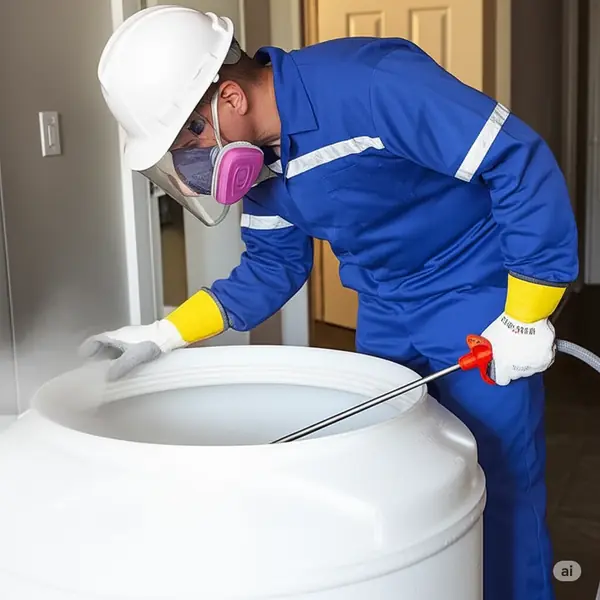 Technician in protective gear cleaning an overhead tank